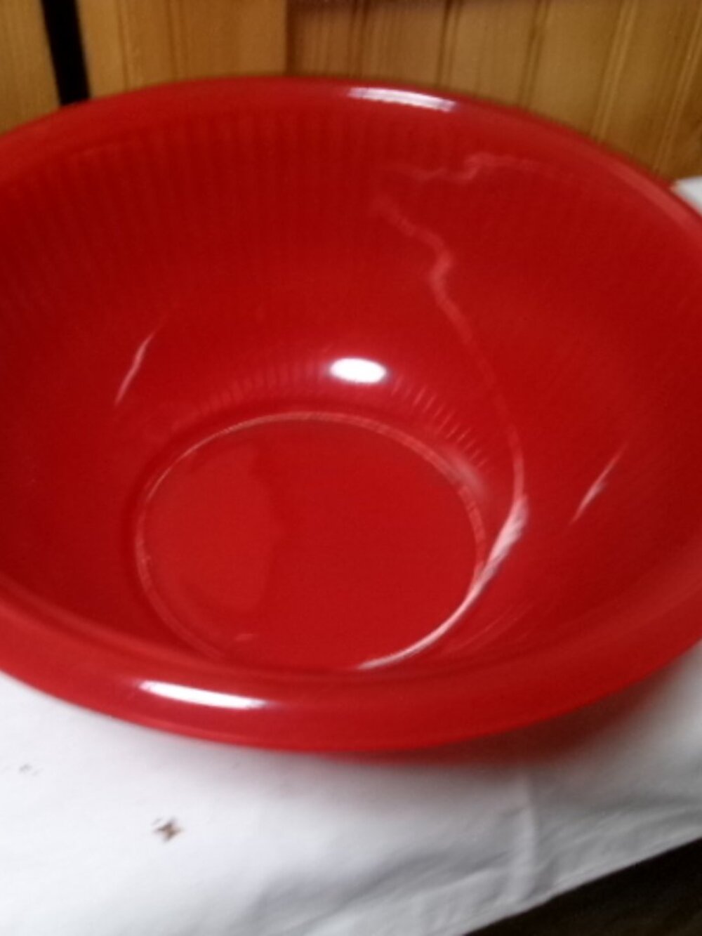 Vtg red ribbed mixing bowl 9 in flash glass rimmed top ribbed sides